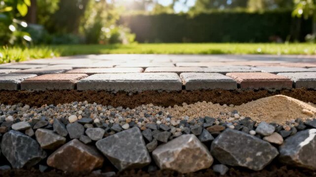 Ecoconscious permeable paving medium shot featuring layered aggregate base supporting water infiltration in outdoor spaces.
