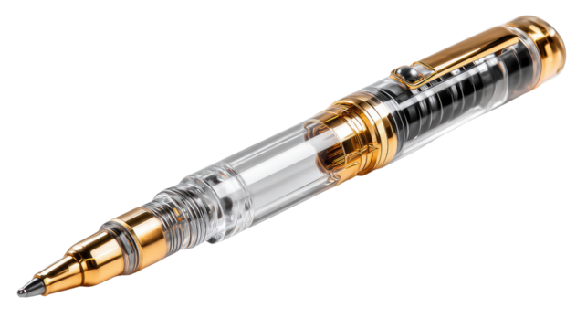 Golden Pen of Precision: A close-up view of a luxurious, transparent pen accented with gold, perfect for signing important documents or writing elegant notes.