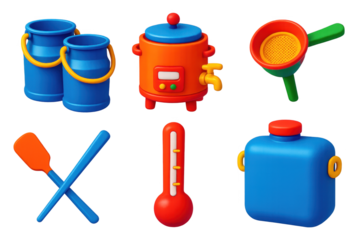 Set of cartoonish kitchen items including a pot, a thermometer, a bucket