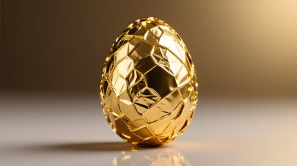 Photorealistic Easter egg wrapped in gold foil, detailed texture, studio backdrop, elegant reflections, premium advertising aesthetic
