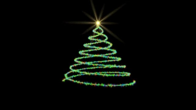 Abstract green pine Christmas tree illustration with a bright star on a black background for a winter holiday greeting card