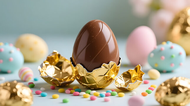Luxury chocolate Easter egg with gold detailing and elegant textures