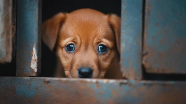 The innocent, soulful gaze of a vulnerable puppy peeking through the confines of an enclosure, evoking themes of hope, abandonment, and the profound need for compassion and a forever home