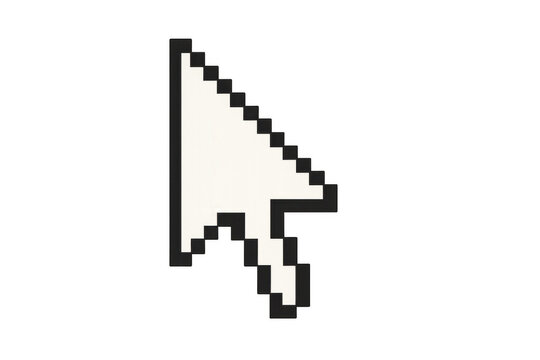 Pixel art mouse cursor symbol navigating user interface, indicating selection, click, and computer interaction on transparent background