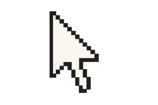 Pixel art mouse cursor symbol navigating user interface, indicating selection, click, and computer interaction on transparent background - Powered by Adobe