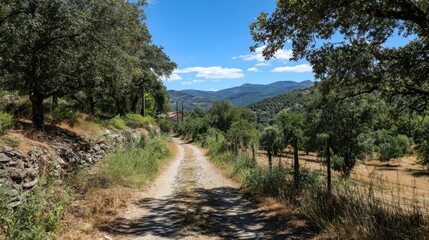 Fototapeta premium A serene dirt path leads through vibrant trees and rolling hills under a clear blue sky.