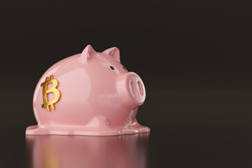 Melted piggy bank with bitcoin symbol with copy space. 3d illustration.