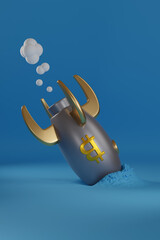 Rocket with bitcoin crashed to the ground. Bitcoin crisis concept. 3d illustration.
