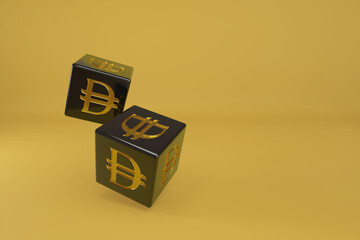 Black dice with dirham sign on yellow background. 3d illustration.