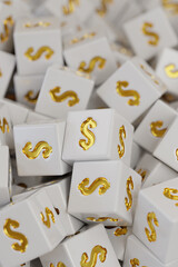 White dice with golden dollar signs background in vertical composition. 3d illustration.