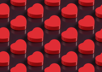Isometric seamless pattern of three-dimensional red hearts. 3D illustration.