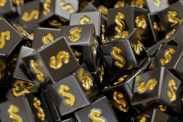 Black dice with golden dollar signs background. 3d illustration.