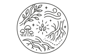Whispering Woods Icons. Line style vector icons of Whispering Woods: flowing branches, soft winds, tiny mushrooms, glowing seeds,