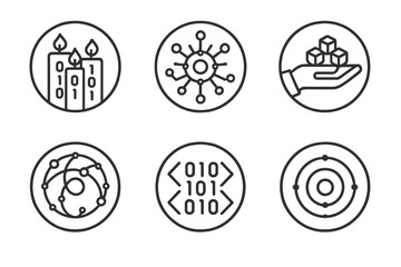 Cyber Ceremony Icons. Line style vector icons of Cyber Ceremony: binary candles, circuit mandalas, digital offerings, energy