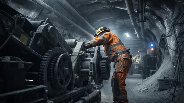 Miner wearing a sturdy helmet and protective goggles while inspecting borate mining equipment underground.