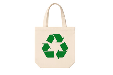 Reusable canvas tote bag with green recycling symbol, representing eco friendly shopping and environmental sustainability, transparent background