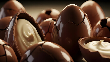 premium chocolate eggs with glossy texture, broken pieces revealing creamy filling, dark background with soft golden light, luxurious and elegant mood
