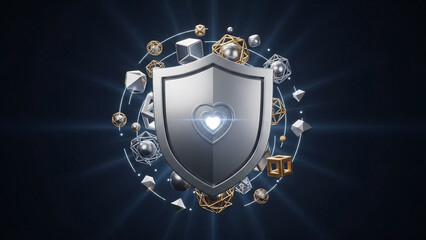 Shield icon with a small heart in the center, surrounded by floating geometric elements.