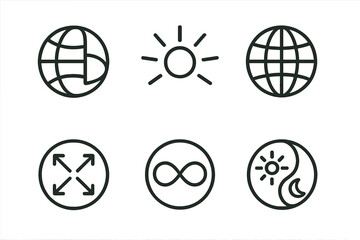 Spatial Infinity Icons. Line style round vector icons of Spatial Infinity: folded earth, radiant line, curved grid, expanding edge