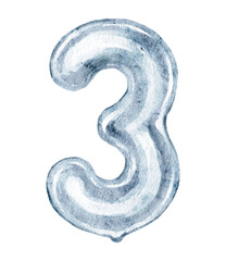 Watercolor illustration of silver balloon number three isolated on white background.