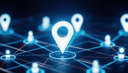 Network of Location: This striking visual showcases interconnected location markers within a digital landscape, symbolizing the modern concepts of connectivity, geolocation, and networking.