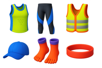 Collection of clothing items including a hat, vest, and socks