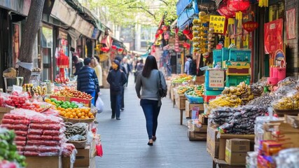 Video A woman walking on a busy street with vendors and stalls nearby, great for travel or daily life scenes