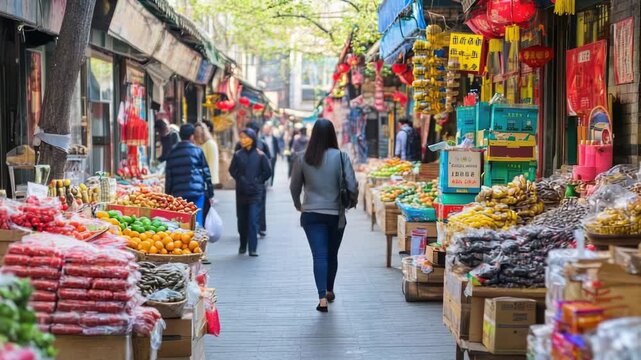 Video A woman walking on a busy street with vendors and stalls nearby, great for travel or daily life scenes