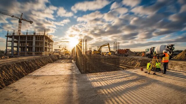 Surveyor works with theodolite at busy construction site during dramatic sunset. Scene depicts industrial growth and urban development. Ideal for engineering and building concepts.