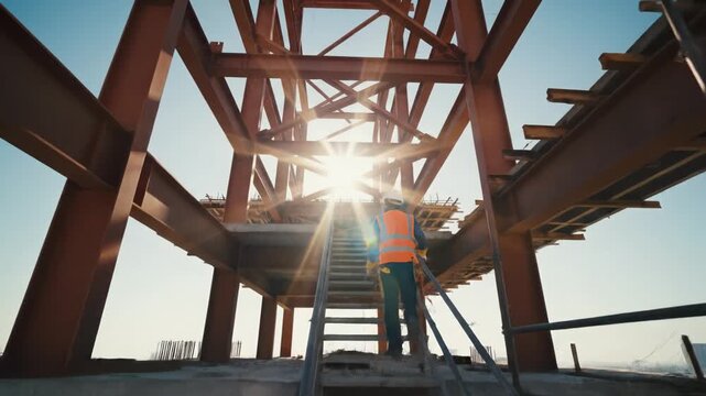 Worker in safety gear climbs metal stairs of steel frame building against sun. Low angle shot illustrates industrial development, engineering progress and construction site safety.
