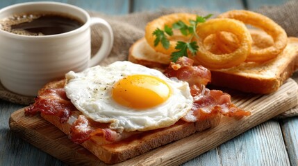 A delicious breakfast spread includes a toasted slice of bread topped with a fried egg and crispy bacon, served with onion rings and coffee on a rustic wooden surface.