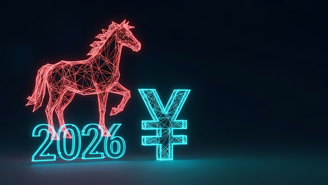 A futuristic  illustration featuring a glowing wireframe horse (The Year of the Red Hors), the year 2026, and the yen currency symbol, representing prosperity and financial growth in a digital world