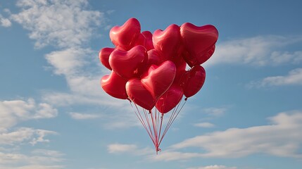 A vibrant cluster of red heart shaped balloons ascends into a bright blue sky filled with fluffy white clouds