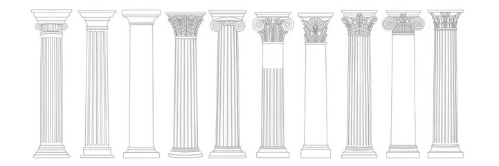 Fototapeta premium Line Greek pillars and Roman columns, ancient architecture and antique buildings, vector icons. Greece or Rome architecture column pillars of marble stone in line art with pilasters and ornate cornice