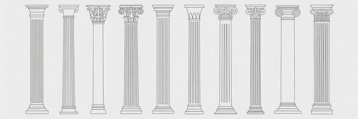 Line Greek pillars and Roman columns, ancient architecture and antique buildings, vector icons. Greece or Rome architecture column pillars of marble stone in line art with pilasters and ornate cornice