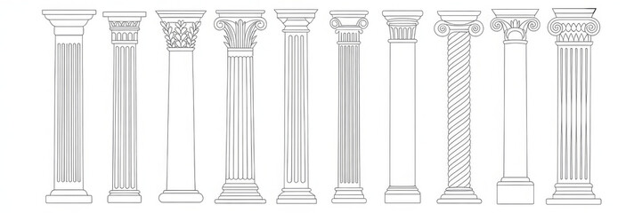 Obraz premium Line Greek pillars and Roman columns, ancient architecture and antique buildings, vector icons. Greece or Rome architecture column pillars of marble stone in line art with pilasters and ornate cornice