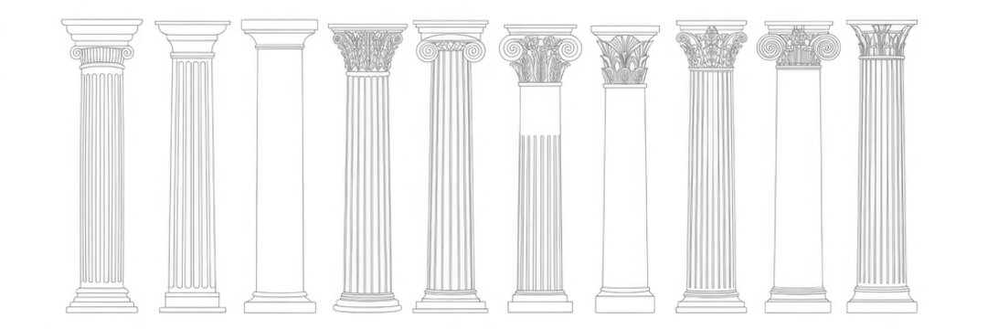 Line Greek pillars and Roman columns, ancient architecture and antique buildings, vector icons. Greece or Rome architecture column pillars of marble stone in line art with pilasters and ornate cornice