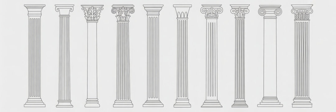Line Greek pillars and Roman columns, ancient architecture and antique buildings, vector icons. Greece or Rome architecture column pillars of marble stone in line art with pilasters and ornate cornice