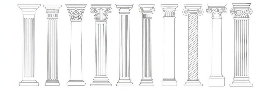 Line Greek pillars and Roman columns, ancient architecture and antique buildings, vector icons. Greece or Rome architecture column pillars of marble stone in line art with pilasters and ornate cornice
