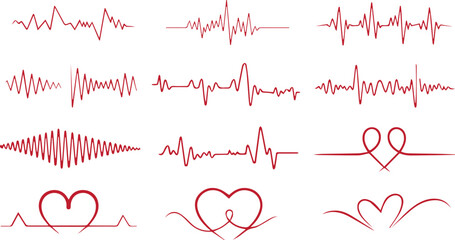 Red heartbeat line collection with heart symbol, cardiology, medical pulse, ECG, EKG design, healthcare clipart vector illustration, health monitoring, digital heartbeat graphics