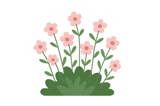 Pink flowers blooming in a simplified cartoon garden bush, creating a cute natural spring illustration on transparent background - Powered by Adobe