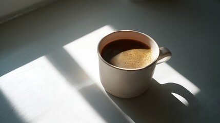 Warm morning coffee cup bathed in sunlight with dramatic shadows on a table