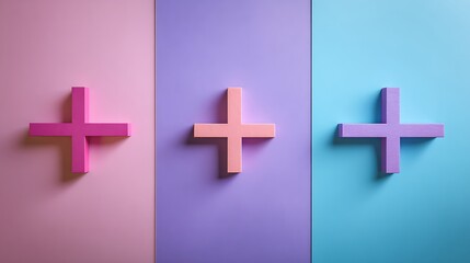 Three pastel plus signs arranged vertically on a tri colored background representing a simple mathematical concept