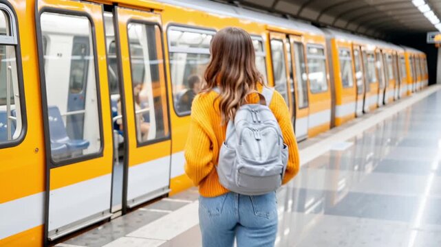a girl with a gray backpack approaches and prepares to board a yellow subway train at a clean modern underground station