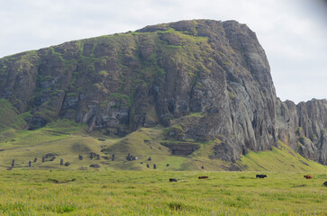 Moai Statues in the Rugged Landscape of Easter Island, Chile