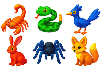 Obraz premium Set of six colorful cartoon animals, including a rabbit, a bird, a frog