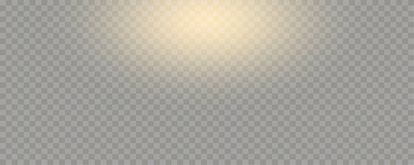 Subtle soft yellow glow or spotlight shining down from above on a transparent background. Sunrise overlay for light effect and design. Editable vector illustration.