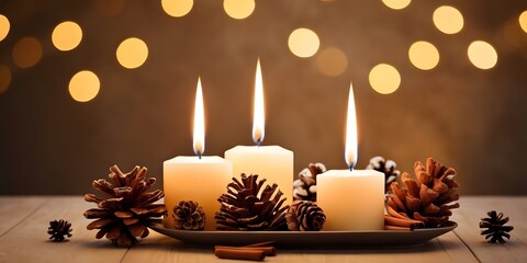 Warm Christmas still life for banners and greeting cards with candles and soft golden bokeh