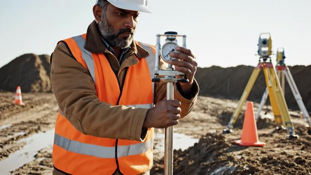 A professional surveyor in a helmet checks a soil testing gauge on a muddy construction site. Industrial concept for engineering and development projects.