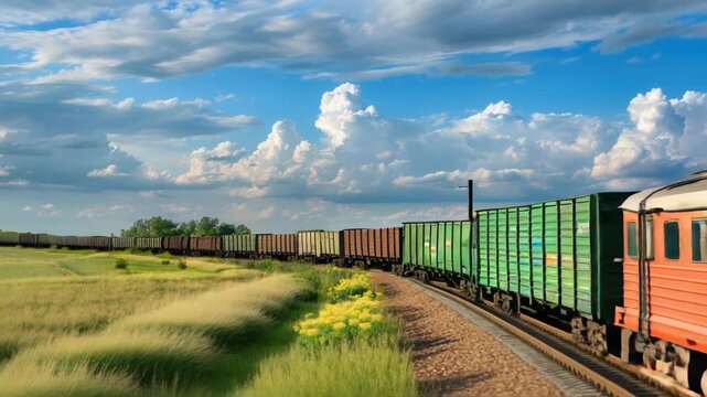 Video A red train travels along the tracks, with a lush green field adjacent to the trackside quality footage